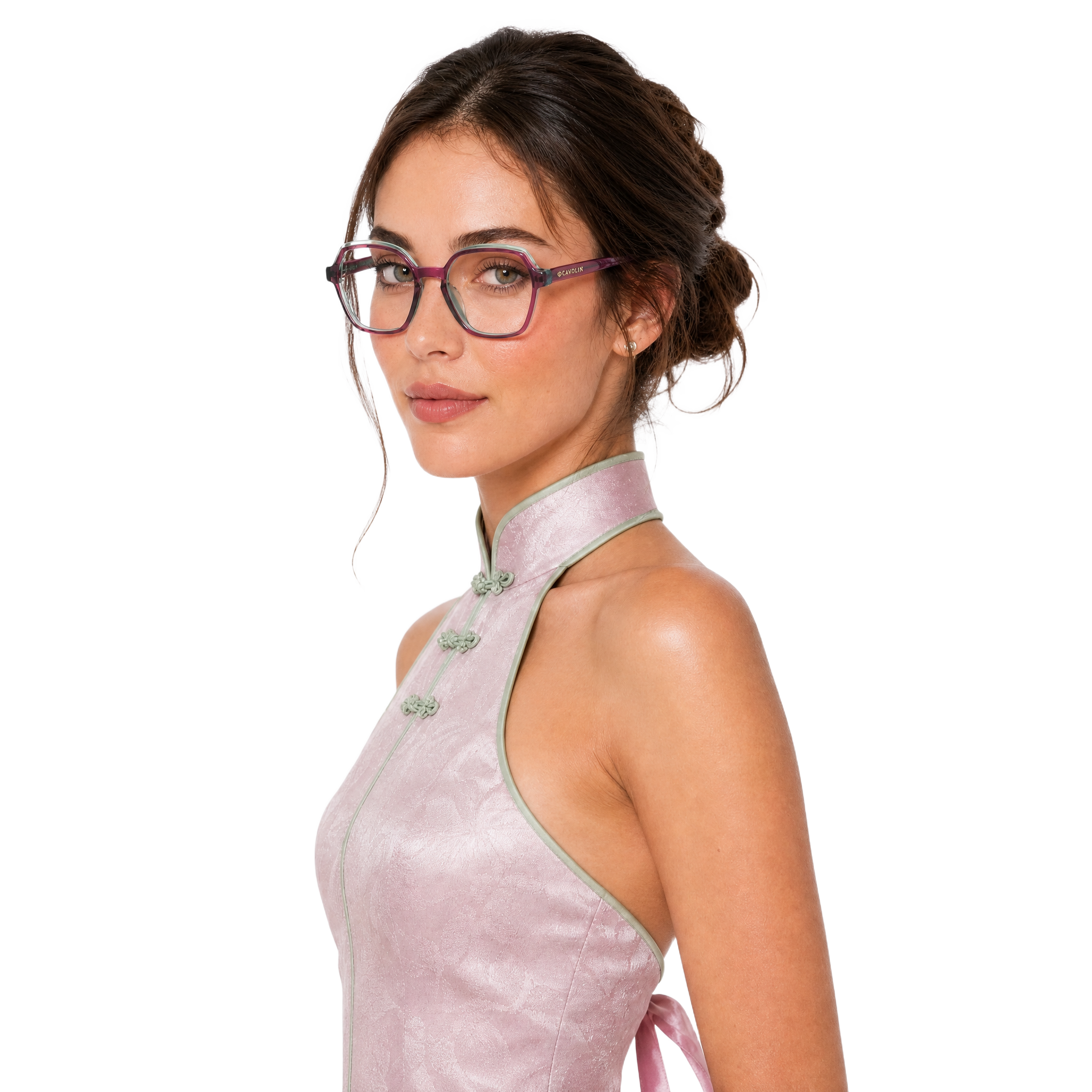 Cavolin Pink Green Hexagonal Eyeglasses